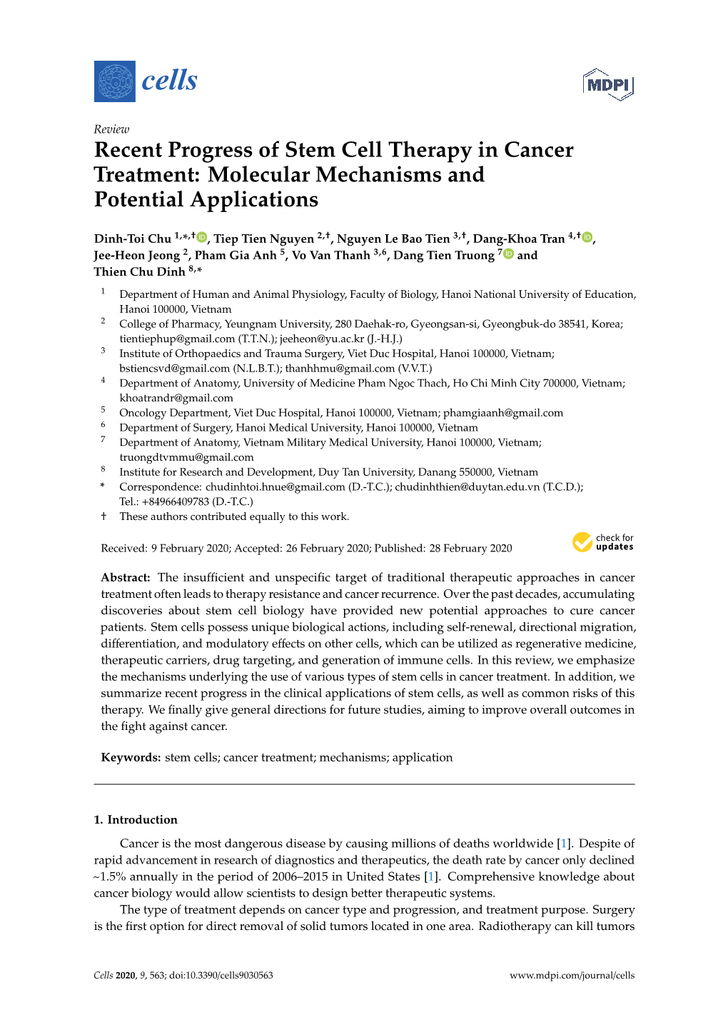 Recent Progress of Stem Cell Therapy in Cancer Treatment: Molecular Mechanisms and Potential Applications