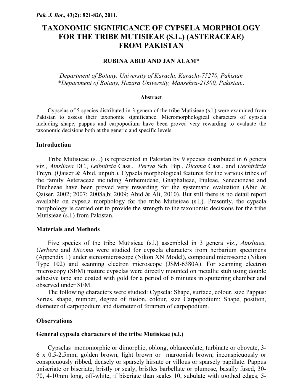 Taxonomic Significance of Cypsela Morphology for the Tribe Mutisieae (S.L.) (Asteraceae) from Pakistan