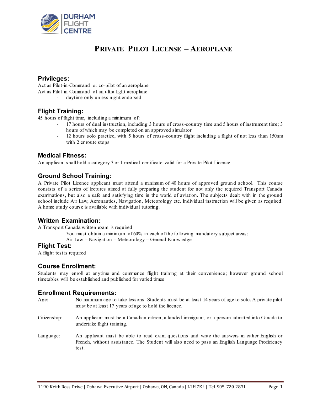 Private Pilot Licence – Aeroplane