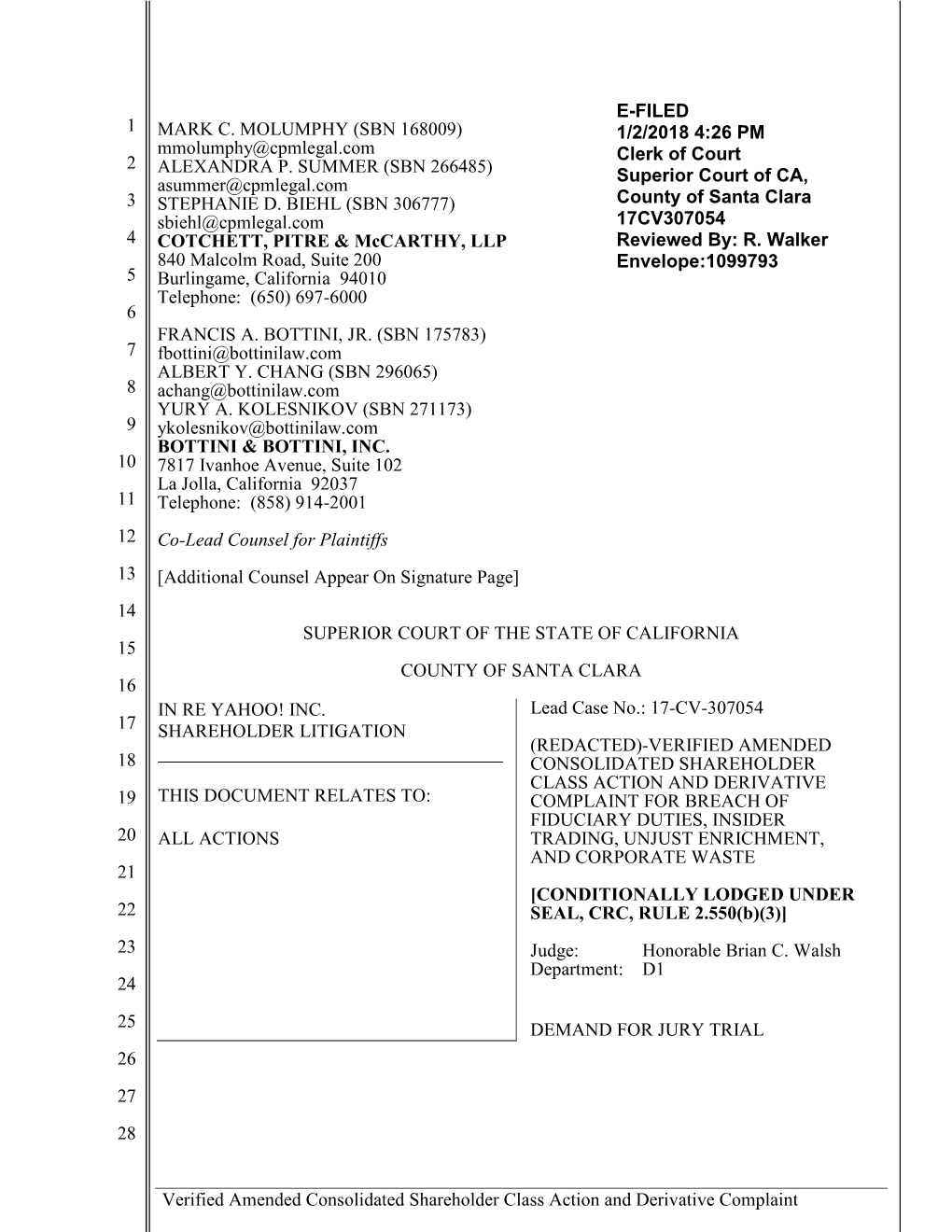 1 2 3 4 5 6 7 8 9 10 11 12 13 14 15 16 17 18 19 20 21 22 23 24 25 26 27 28 Verified Amended Consolidated Shareholder Class Actio