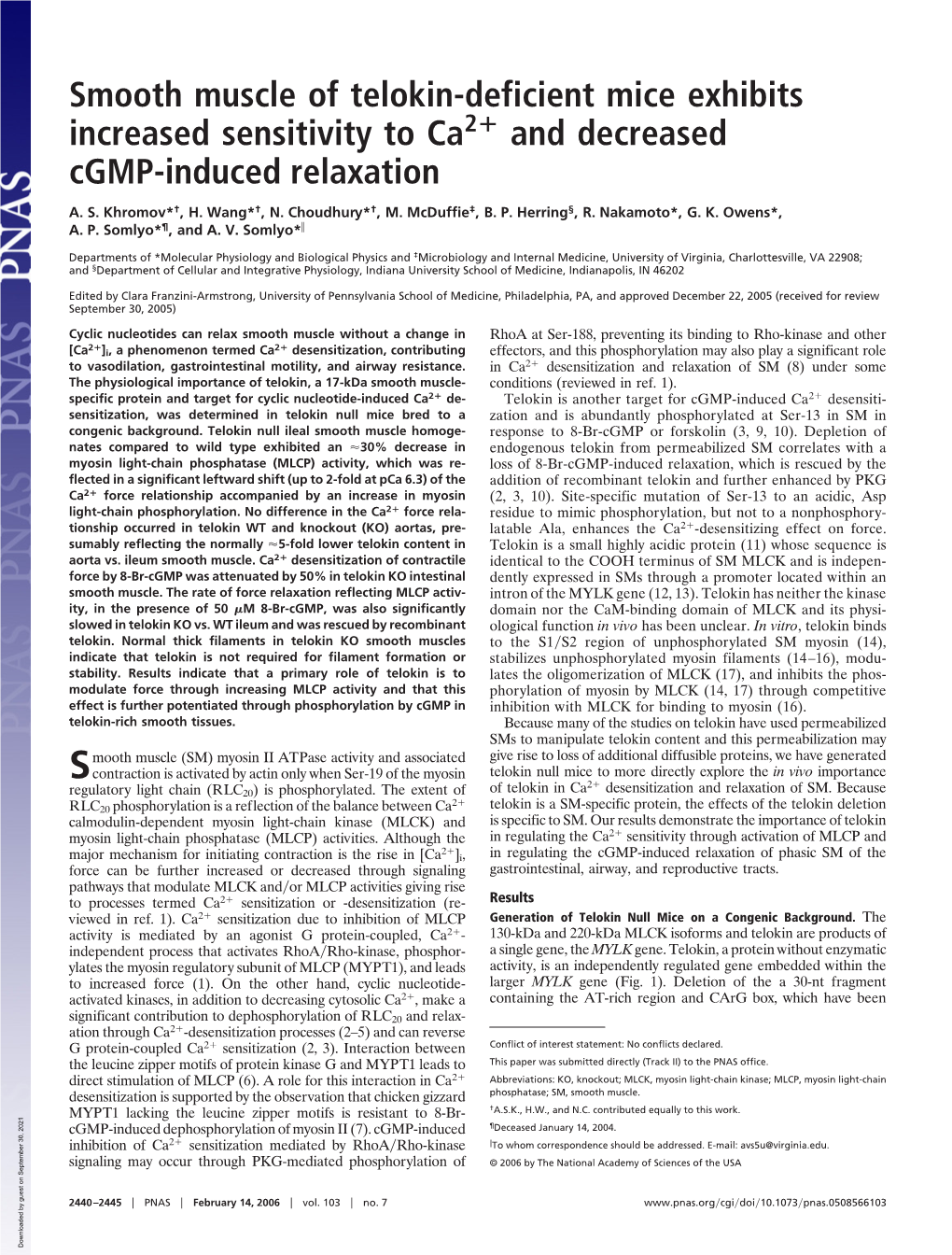 Smooth Muscle of Telokin-Deficient Mice Exhibits Increased Sensitivity to Ca2؉ and Decreased Cgmp-Induced Relaxation