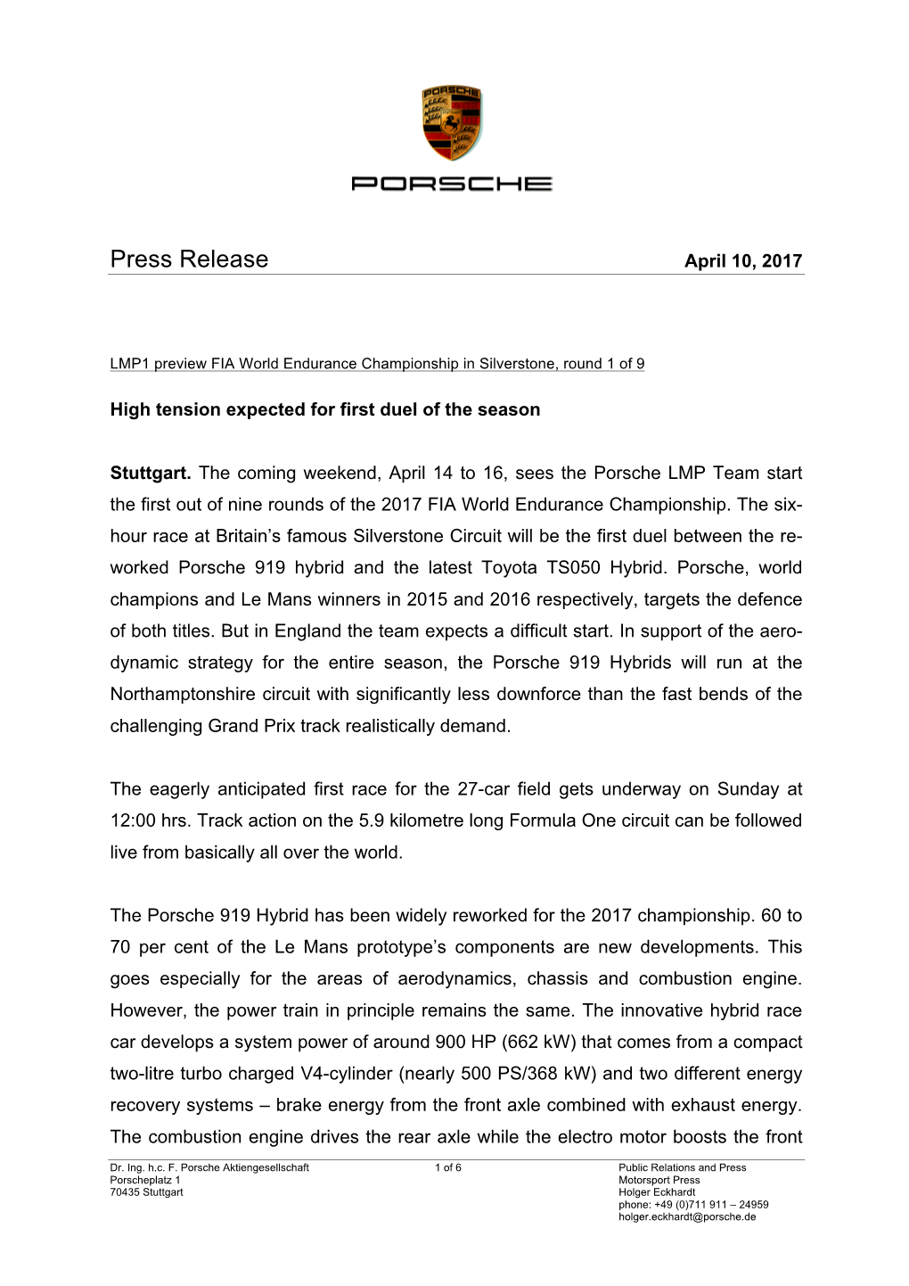 Press Release April 10, 2017