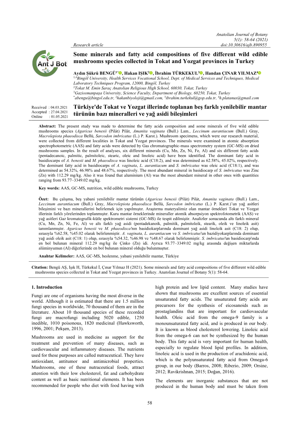 Some Minerals and Fatty Acid Compositions of Five Different Wild Edible Mushrooms Species Collected in Tokat and Yozgat Provinces in Turkey