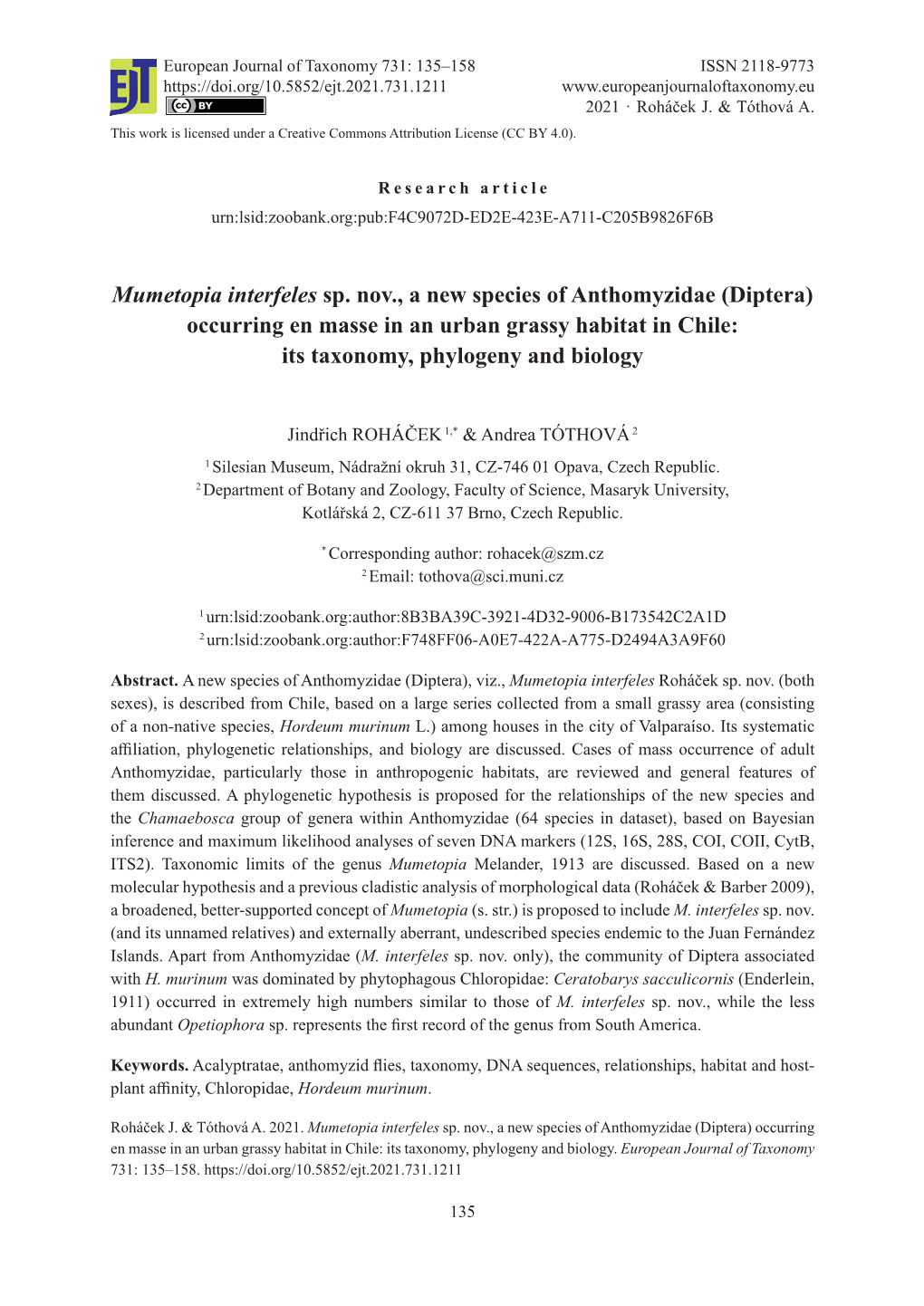 Mumetopia Interfeles Sp. Nov., a New Species of Anthomyzidae (Diptera) Occurring En Masse in an Urban Grassy Habitat in Chile: Its Taxonomy, Phylogeny and Biology