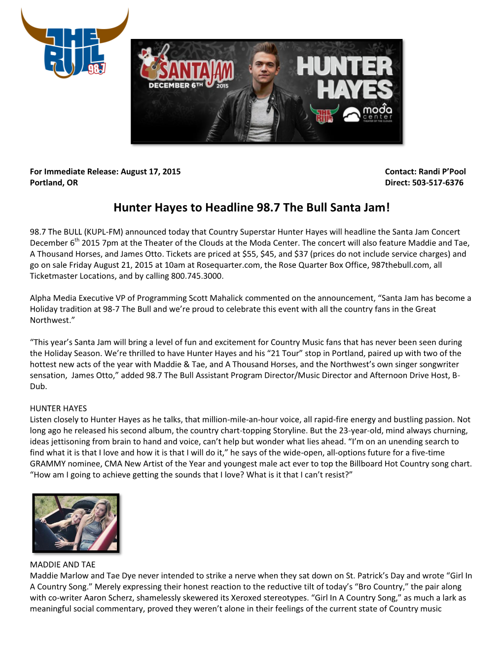 Hunter Hayes to Headline 98.7 the Bull Santa Jam!