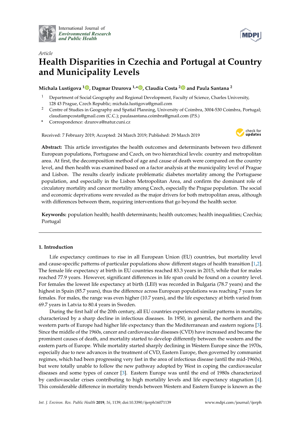 Health Disparities in Czechia and Portugal at Country and Municipality Levels