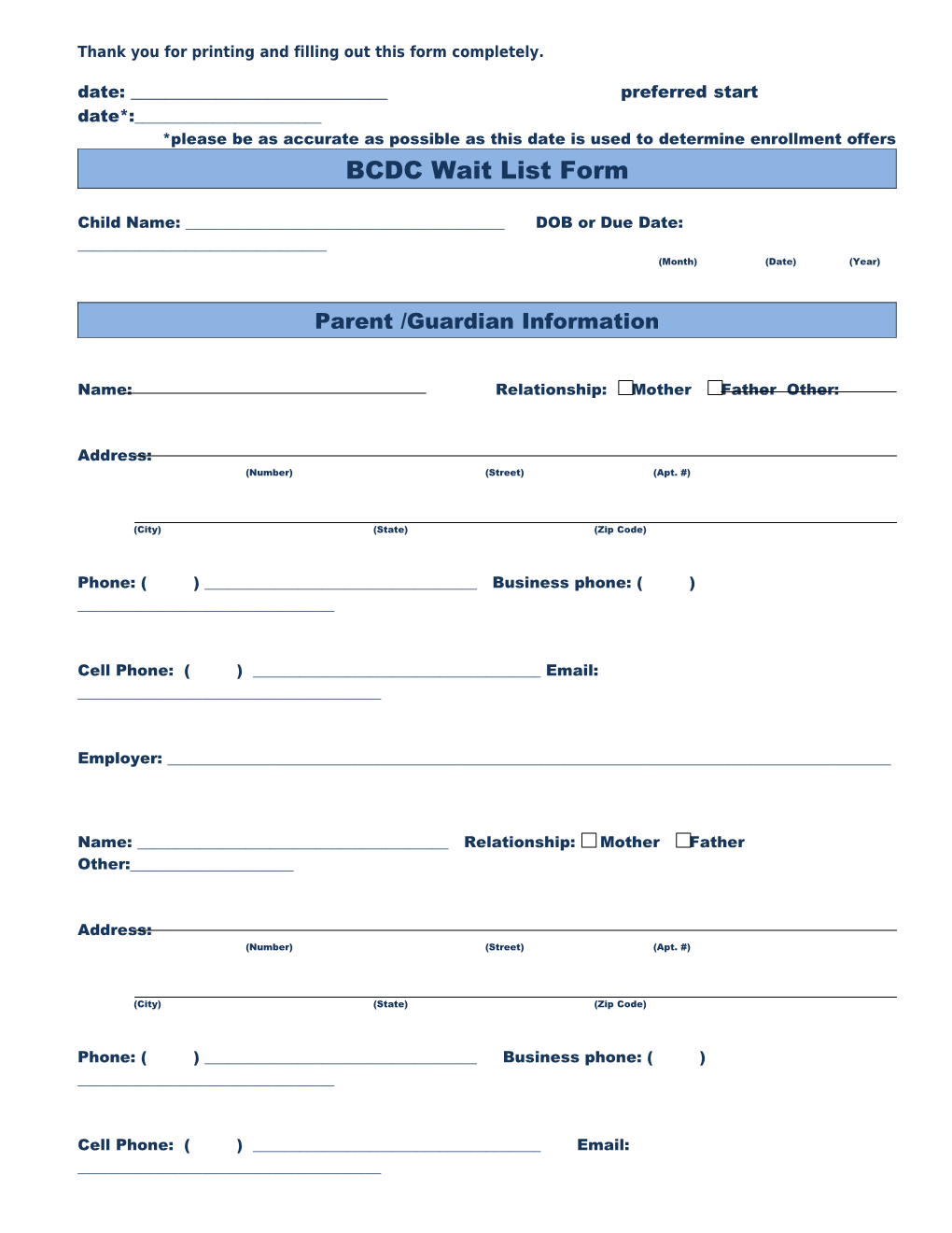 Wait List Form