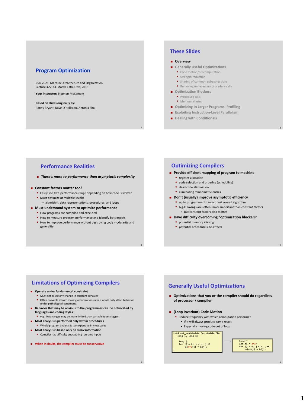 Program Optimization These Slides Performance Realities Optimizing