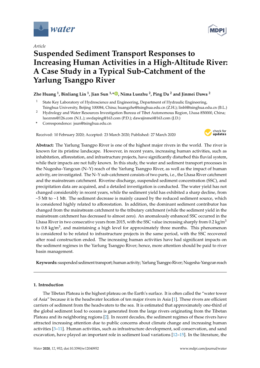 Suspended Sediment Transport Responses to Increasing Human Activities in a High-Altitude River: a Case Study in a Typical Sub-Catchment of the Yarlung Tsangpo River