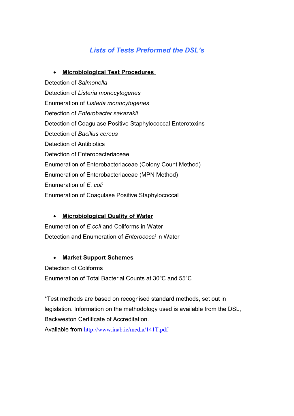 Lists of Tests Preformed the DSL S