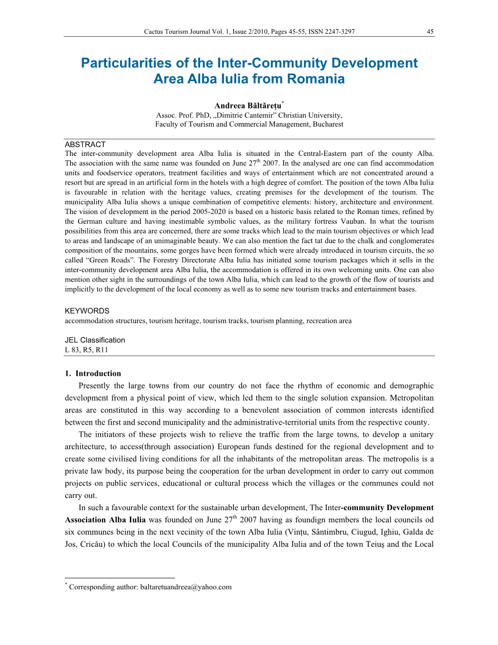 Particularities of the Inter-Community Development Area Alba Iulia from Romania