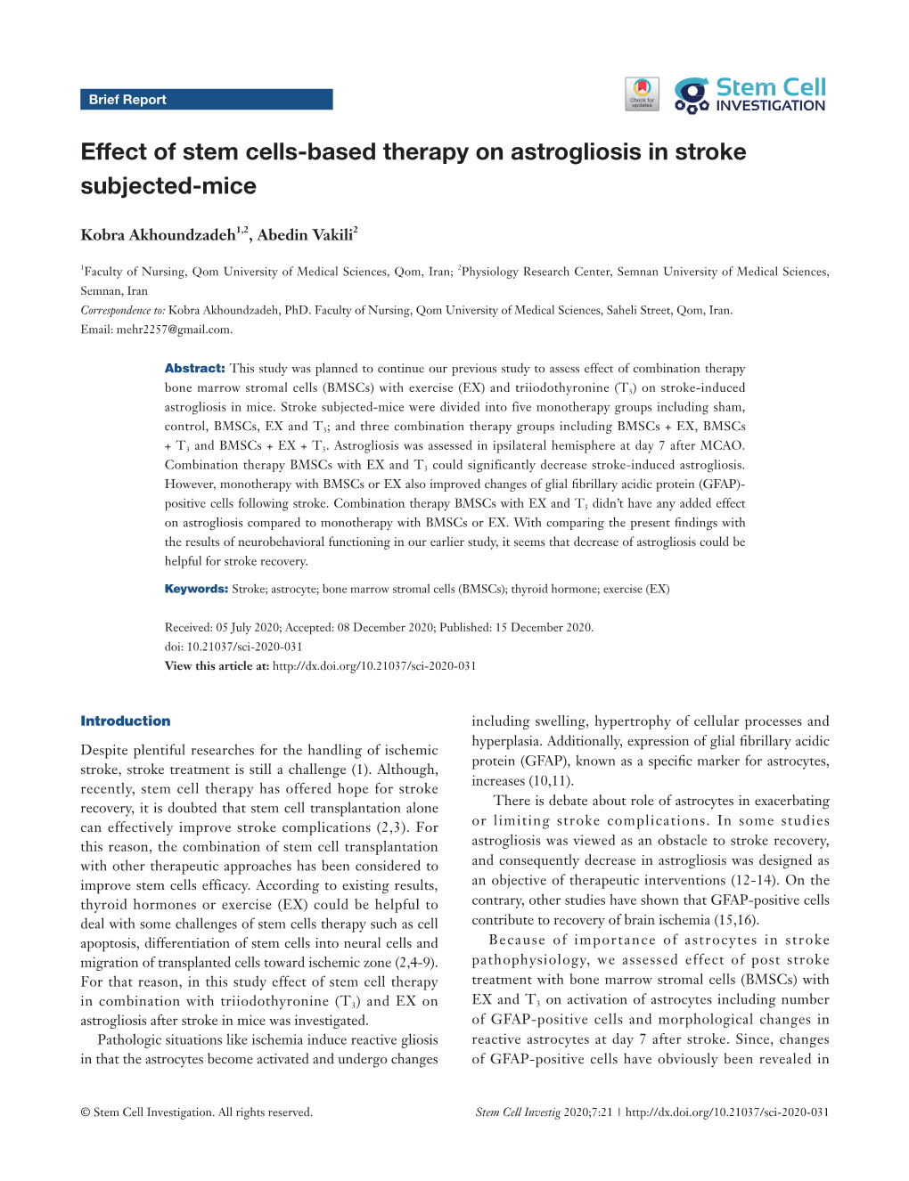 Effect of Stem Cells-Based Therapy on Astrogliosis in Stroke Subjected-Mice