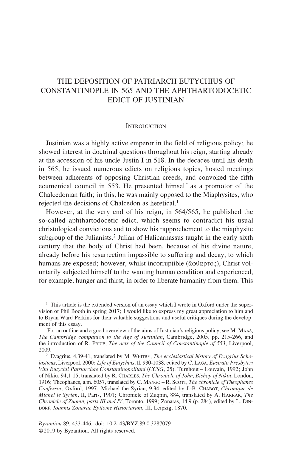 The Deposition of Patriarch Eutychius of Constantinople in 565 and the Aphthartodocetic Edict of Justinian