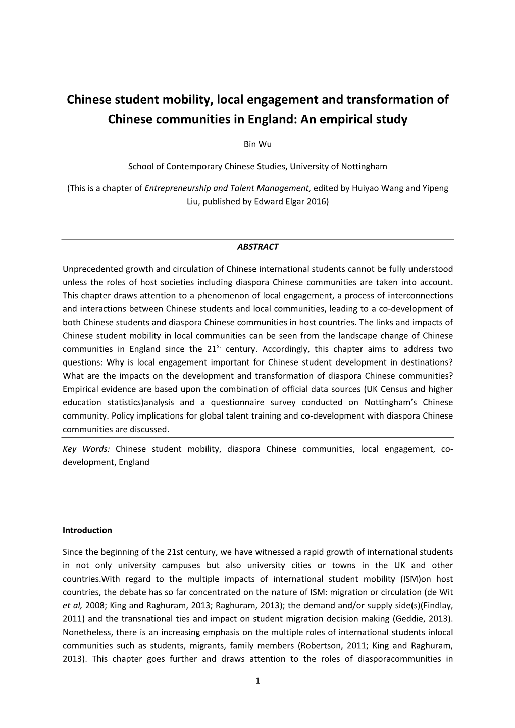 Chinese Student Mobility, Local Engagement and Transformation of Chinese Communities in England: an Empirical Study