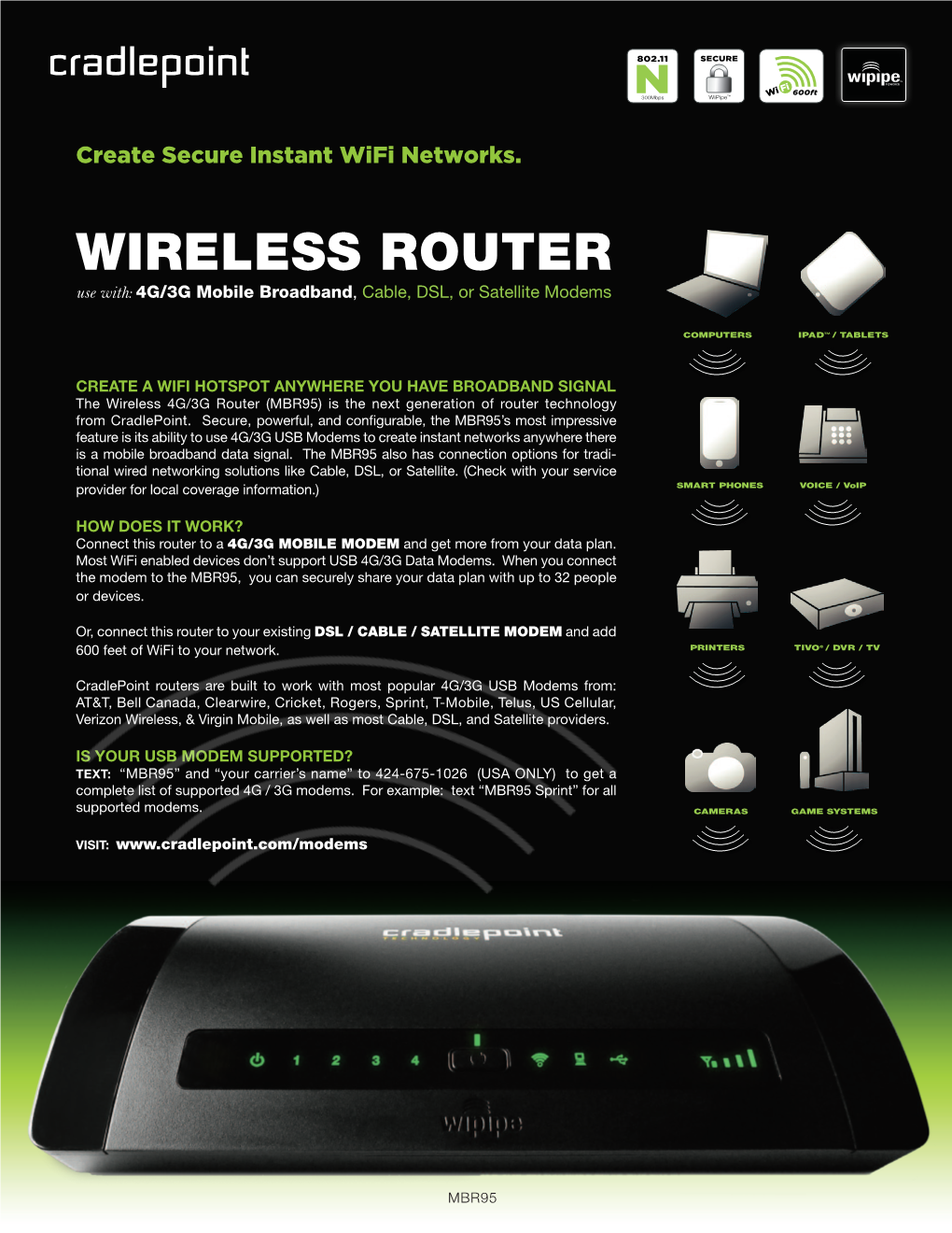 WIRELESS ROUTER Use With: 4G/3G Mobile Broadband, Cable, DSL, Or Satellite Modems