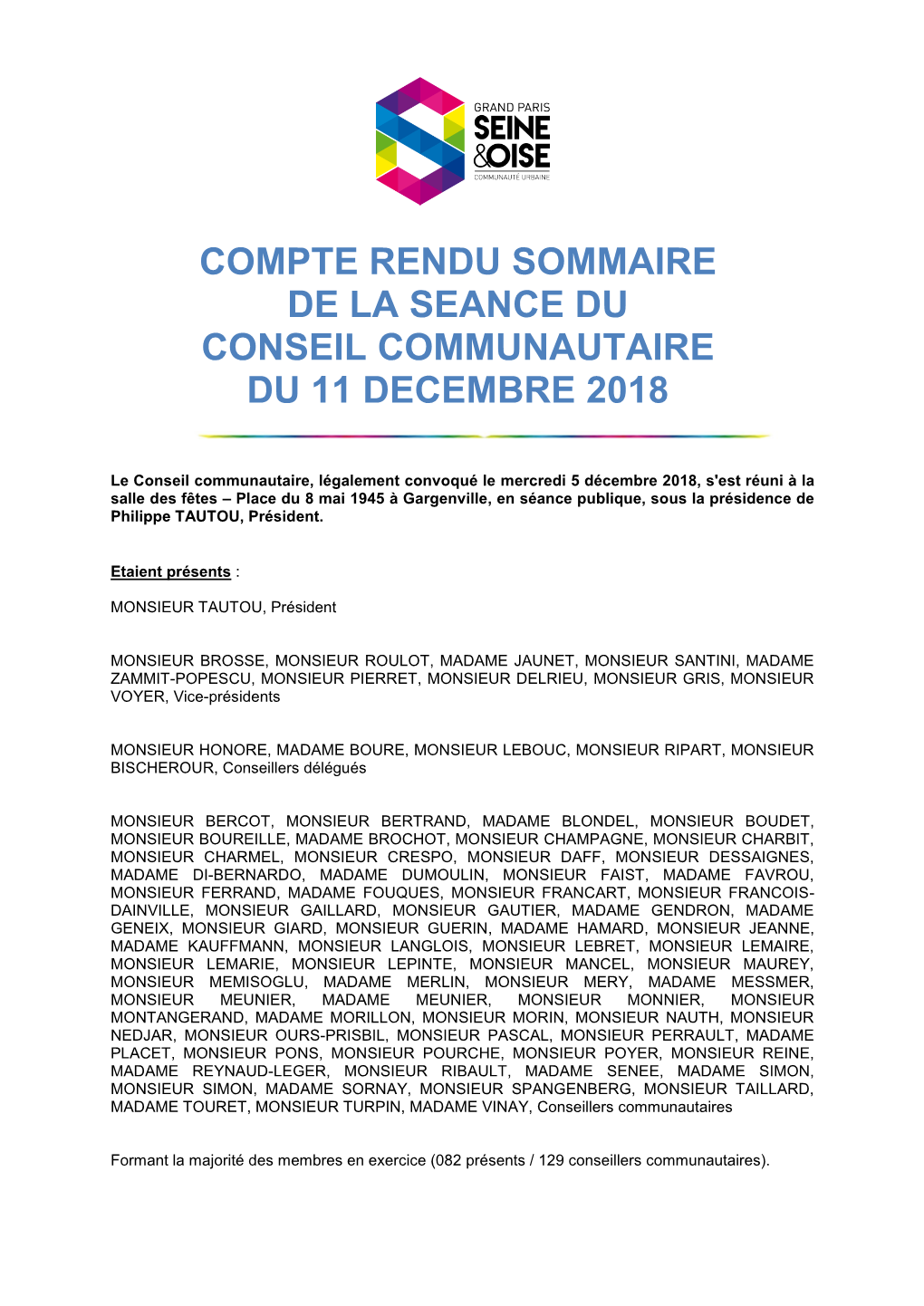 Compte Rendu Sommaire De La Seance Du Conseil Communautaire Du 11 Decembre 2018