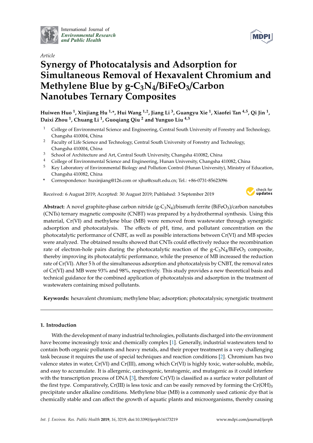 Synergy of Photocatalysis and Adsorption for Simultaneous Removal of Hexavalent Chromium and Methylene Blue by G-C3N4/Bifeo3/Carbon Nanotubes Ternary Composites