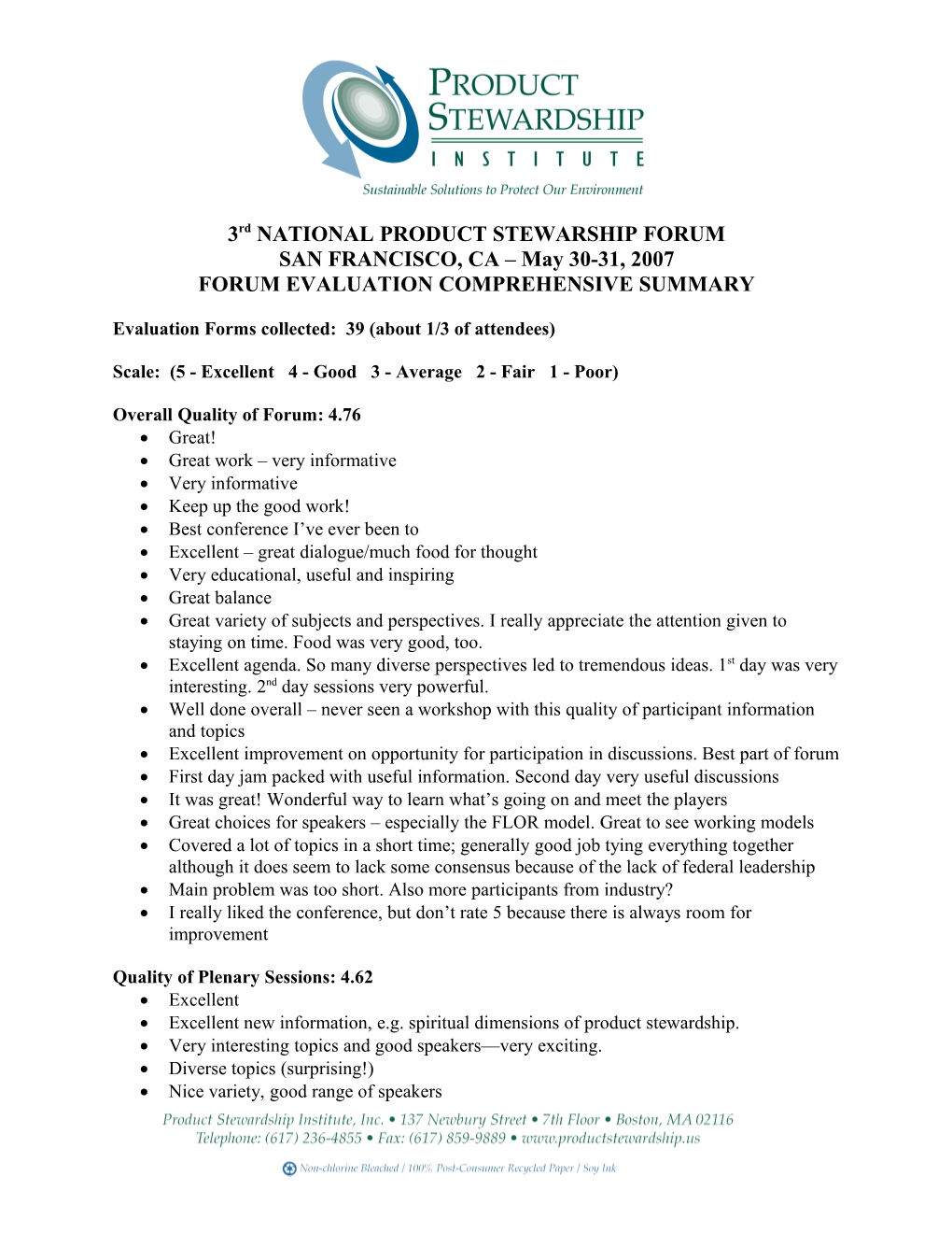 3Rd NATIONAL PRODUCT STEWARSHIP FORUM FULL COMPILATION of EVALUATIONS