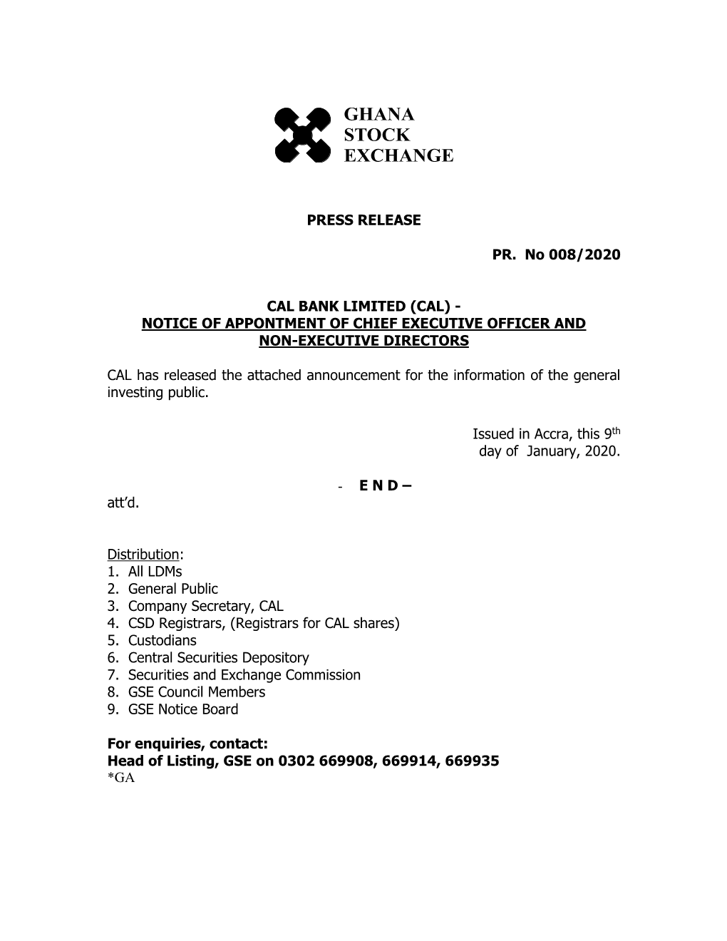 Notice of Appontment of Chief Executive Officer and Non-Executive Directors