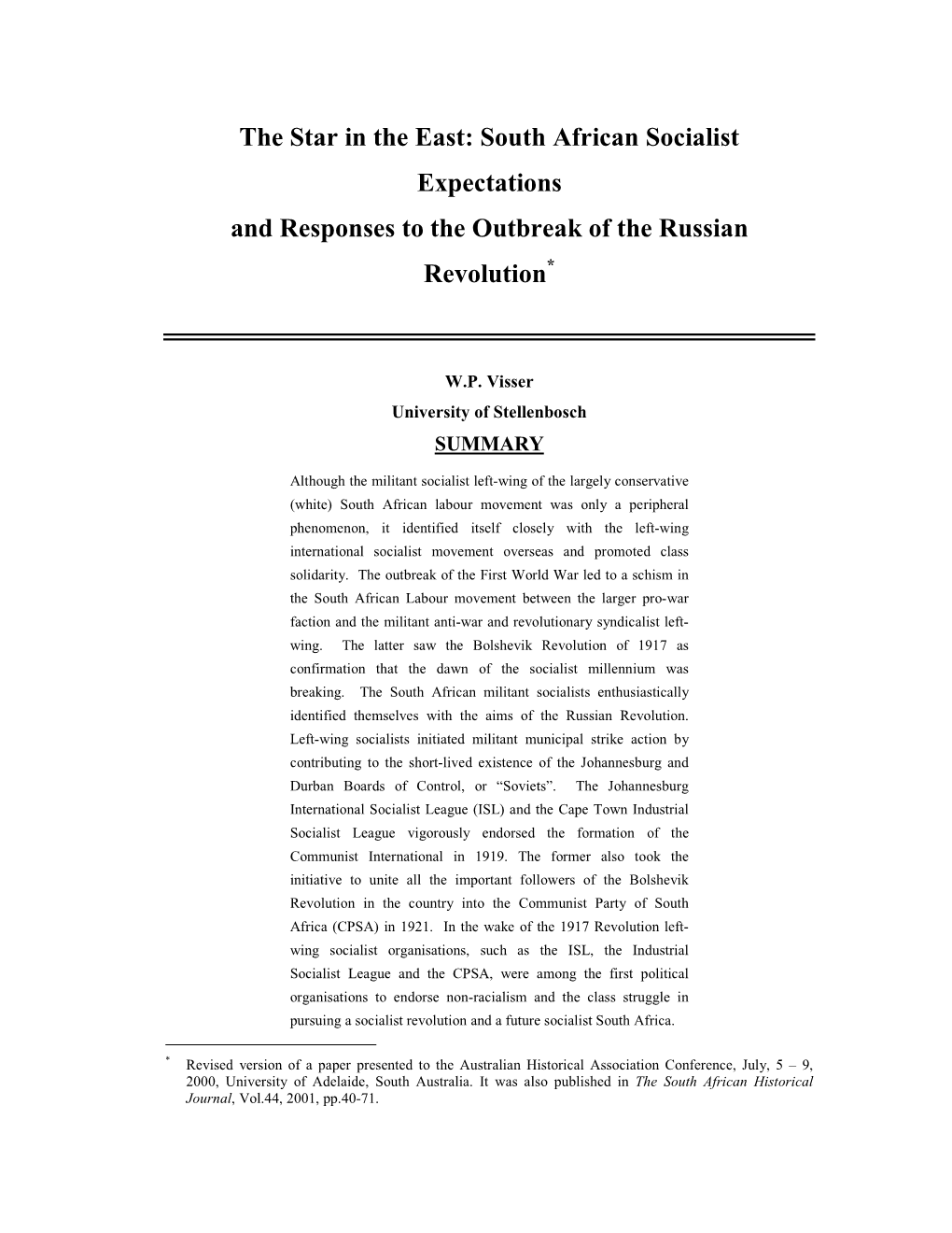 South African Socialist Expectations and Responses to the Outbreak of the Russian Revolution *