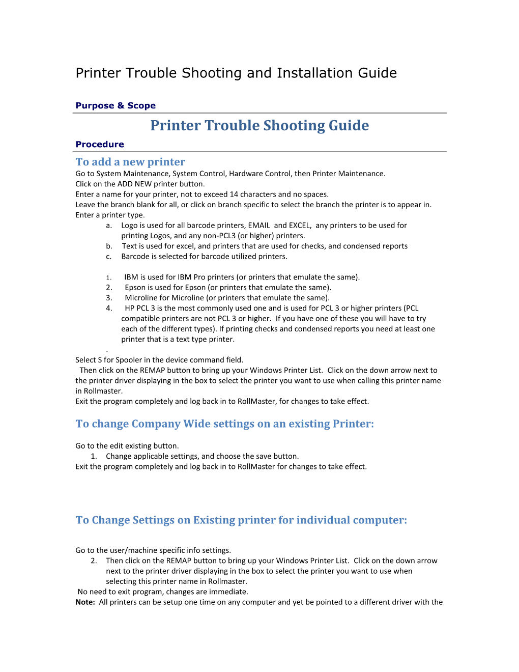 Printer Trouble Shooting Guide