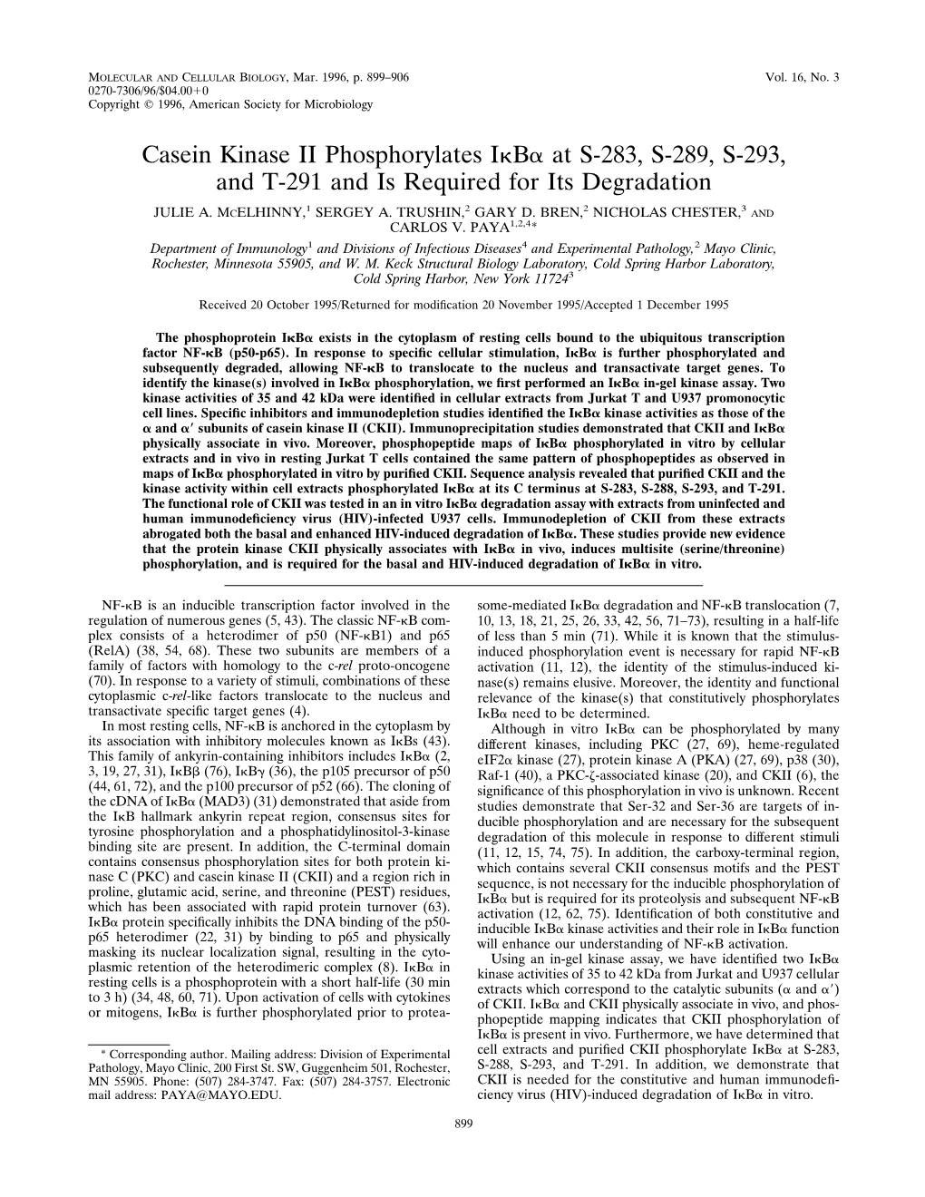 Casein Kinase II Phosphorylates Iκbα at S-283, S-289, S-293, and T-291 and Is Required for Its Degradation