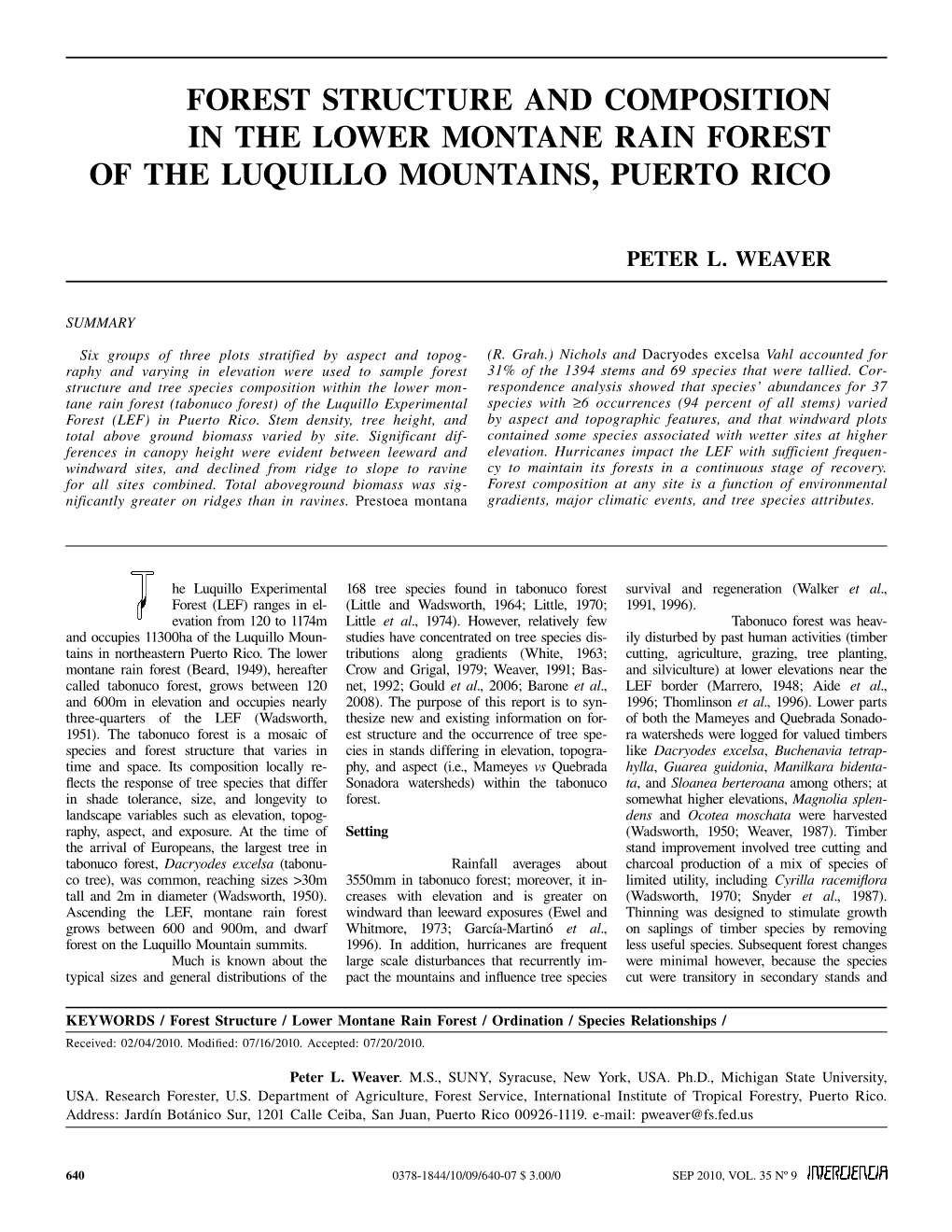 Forest Structure and Composition in the Lower Montane Rain Forest of the Luquillo Mountains, Puerto Rico