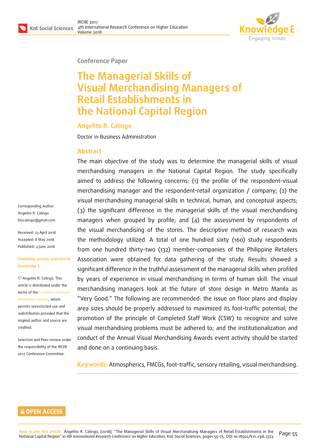 The Managerial Skills of Visual Merchandising Managers of Retail Establishments in the National Capital Region Angelito R