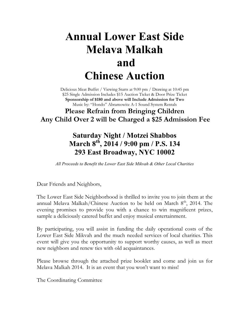 Annual Lower East Side Melava Malkah and Chinese Auction