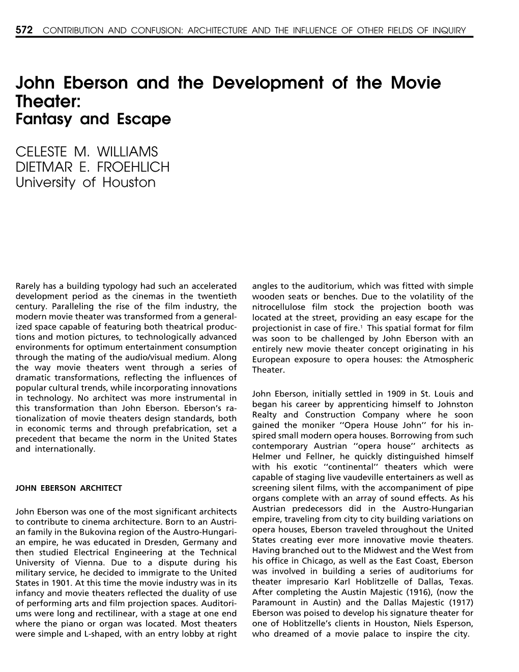 John Eberson and the Development of the Movie Theater: Fantasy and Escape