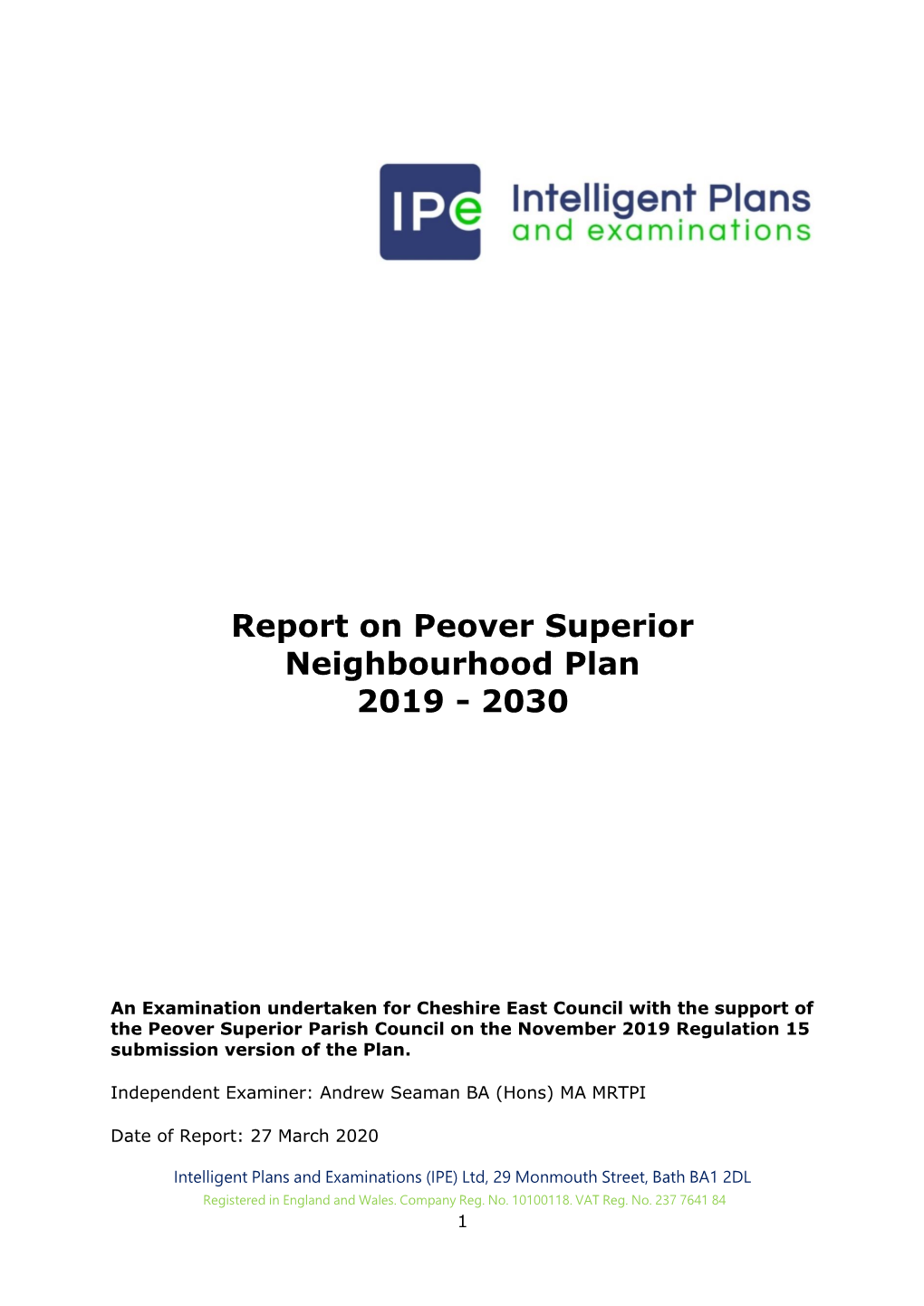 Report on Peover Superior Neighbourhood Plan 2019 - 2030