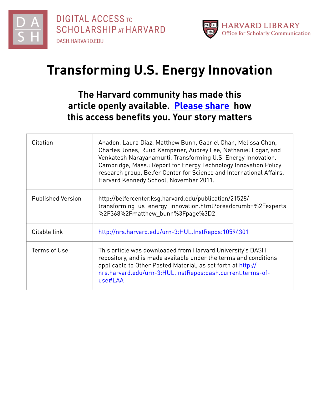 Transforming U.S. Energy Innovation