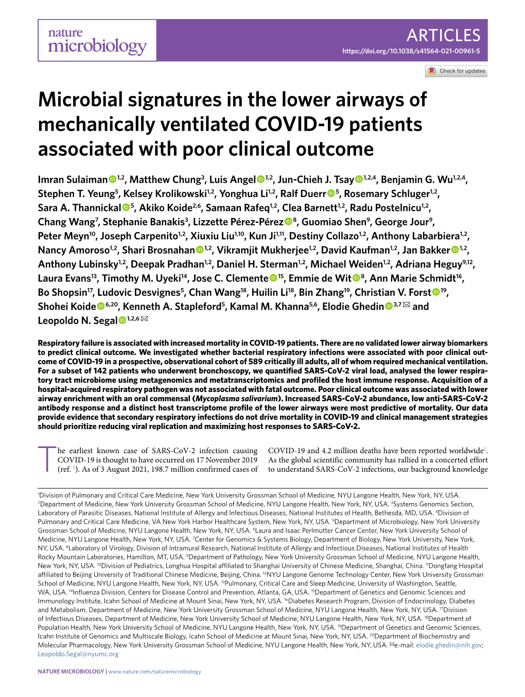 Microbial Signatures in the Lower Airways of Mechanically Ventilated COVID-19 Patients Associated with Poor Clinical Outcome