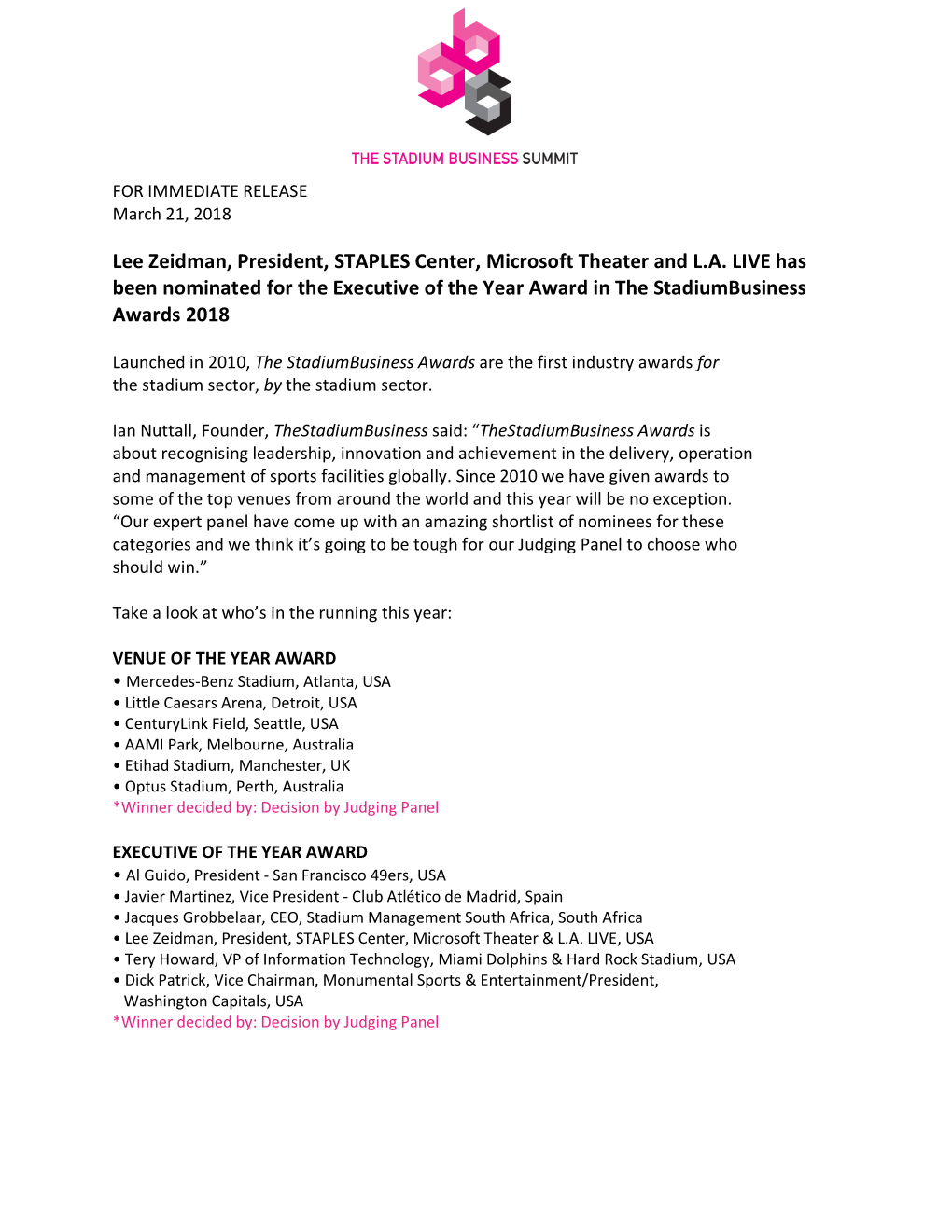 Lee Zeidman, President, STAPLES Center, Microsoft Theater and L.A. LIVE Has Been Nominated for the Executive of the Year Award in the Stadiumbusiness Awards 2018