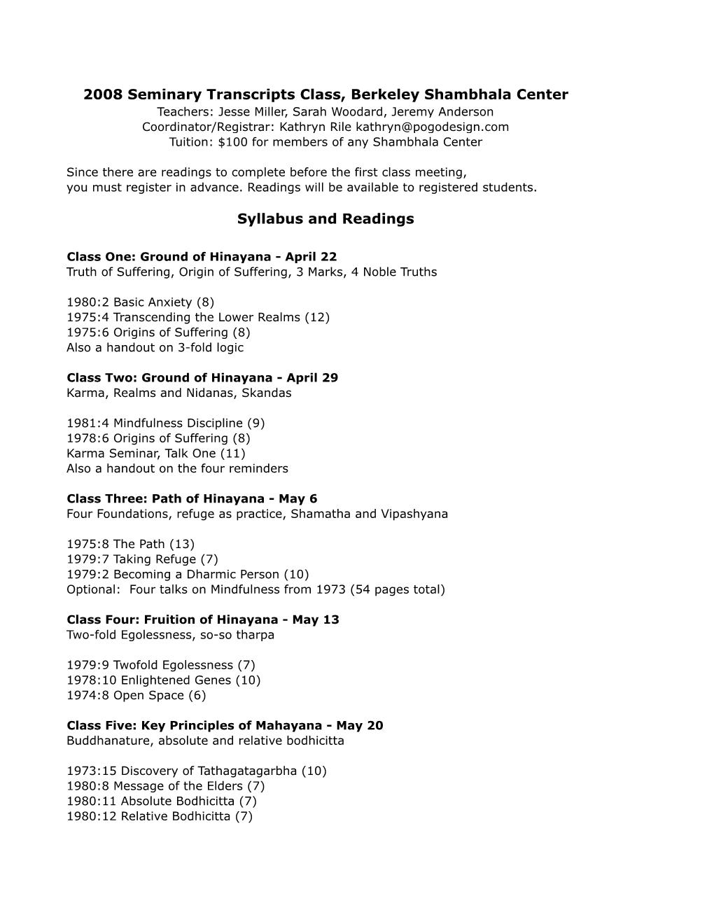 Syllabus and Readings 2008 Seminary Transcripts Class