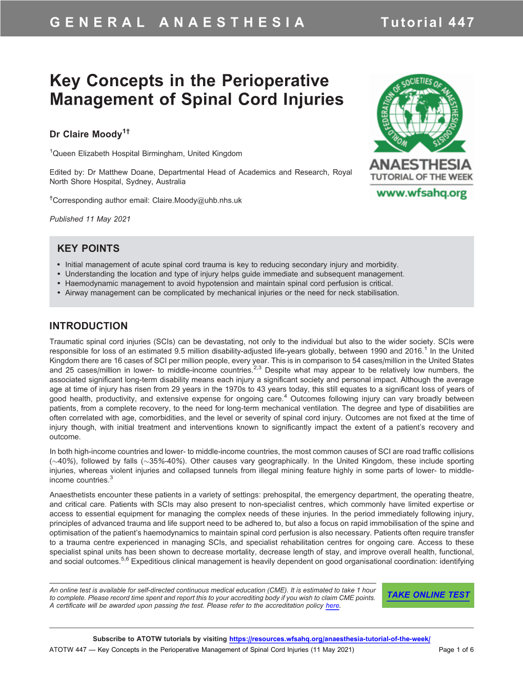 Key Concepts in the Perioperative Management of Spinal Cord Injuries