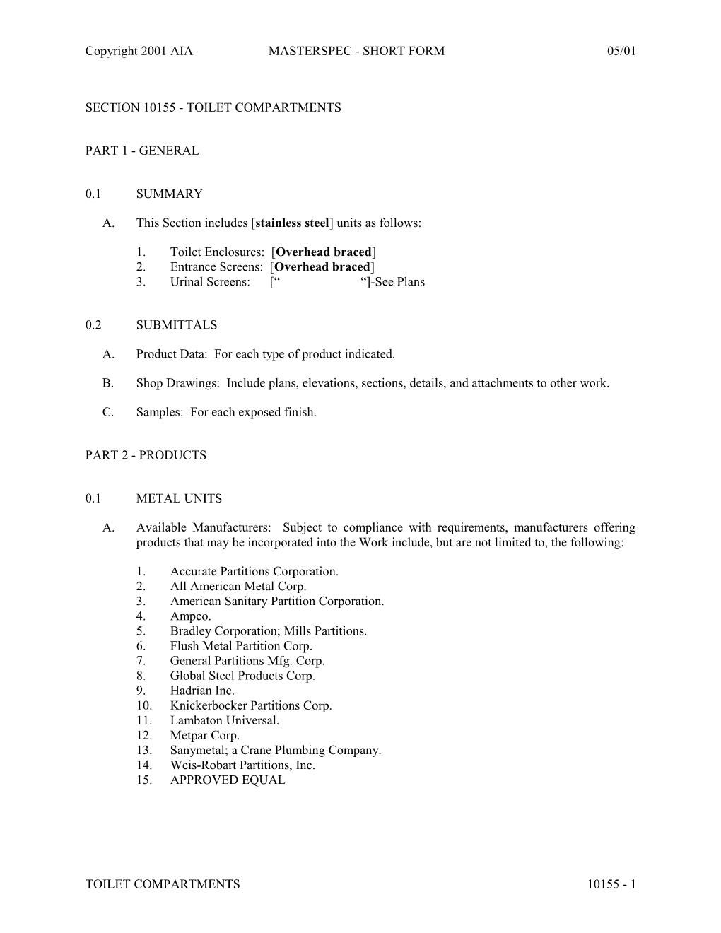 Section 10155 - Toilet Compartments