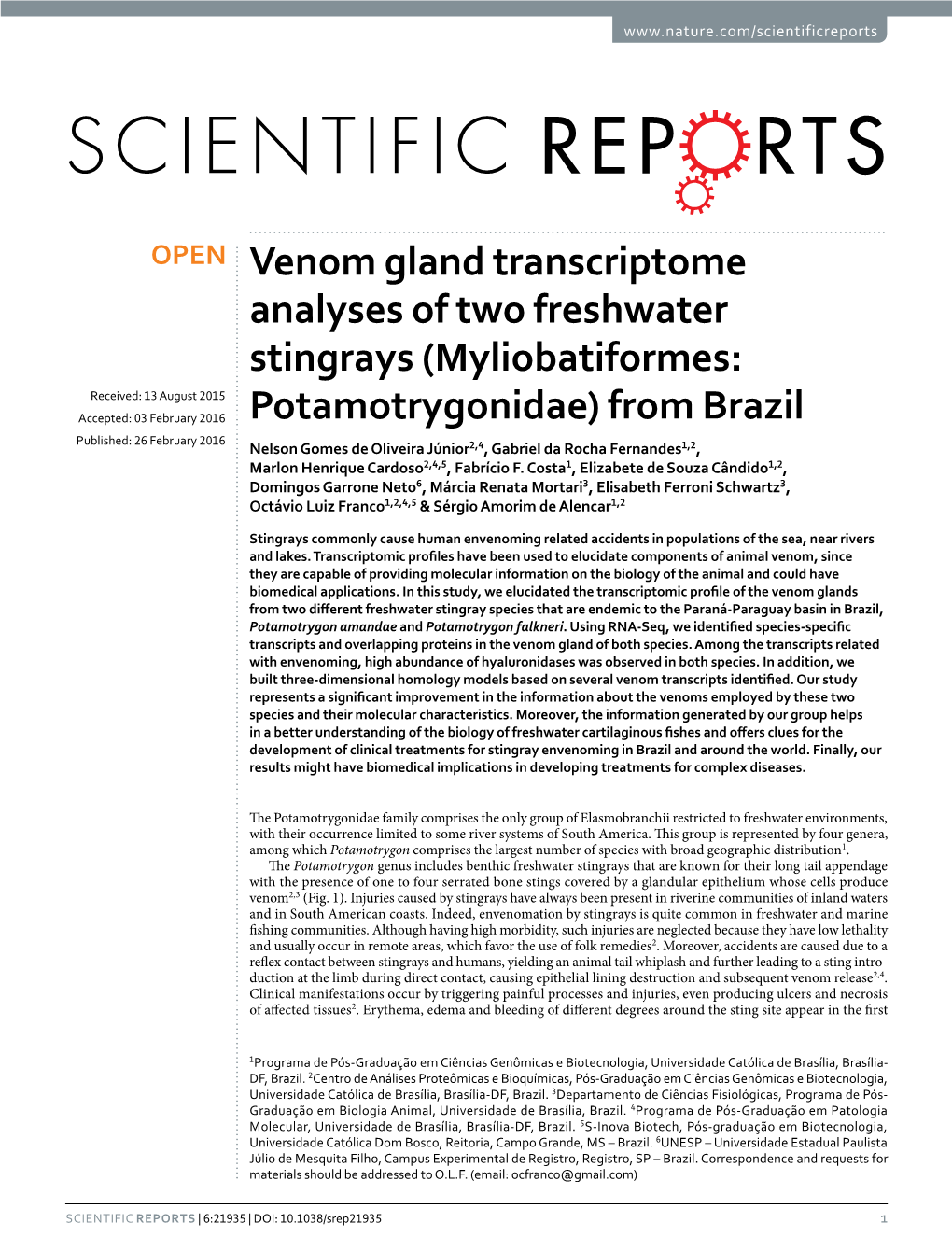 Venom Gland Transcriptome Analyses of Two Freshwater