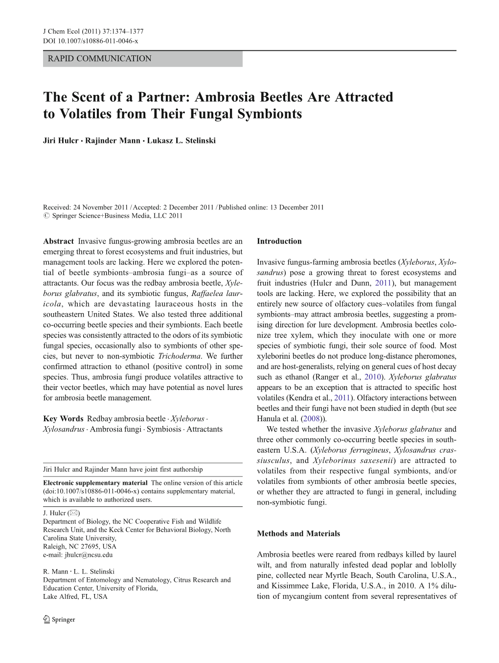 Ambrosia Beetles Are Attracted to Volatiles from Their Fungal Symbionts