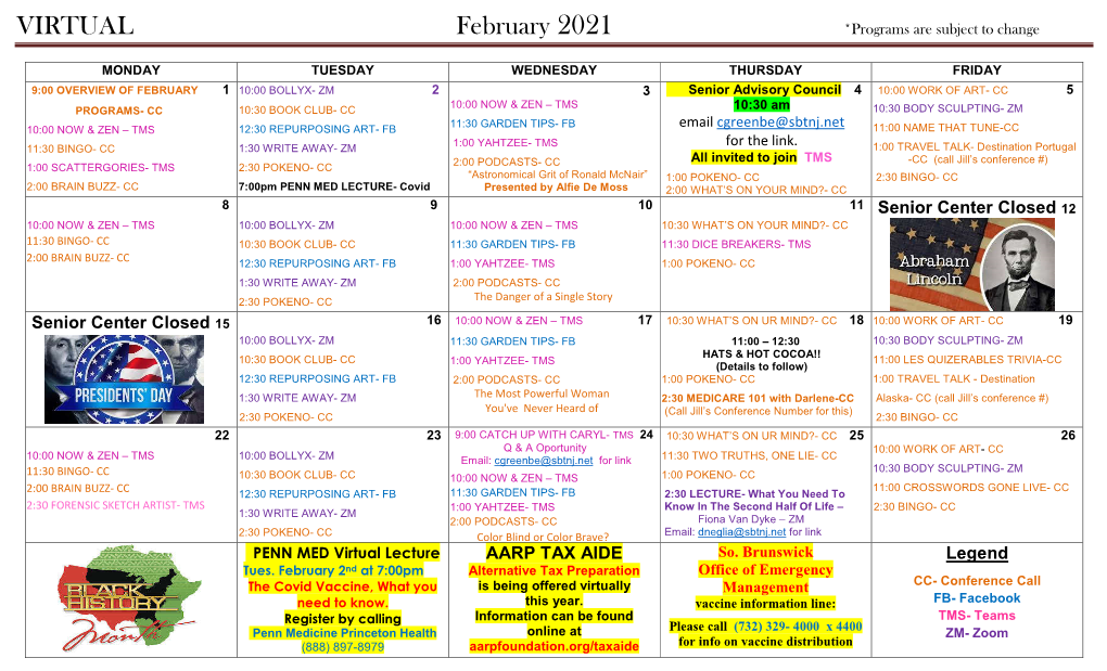 VIRTUAL February 2021 *Programs Are Subject to Change