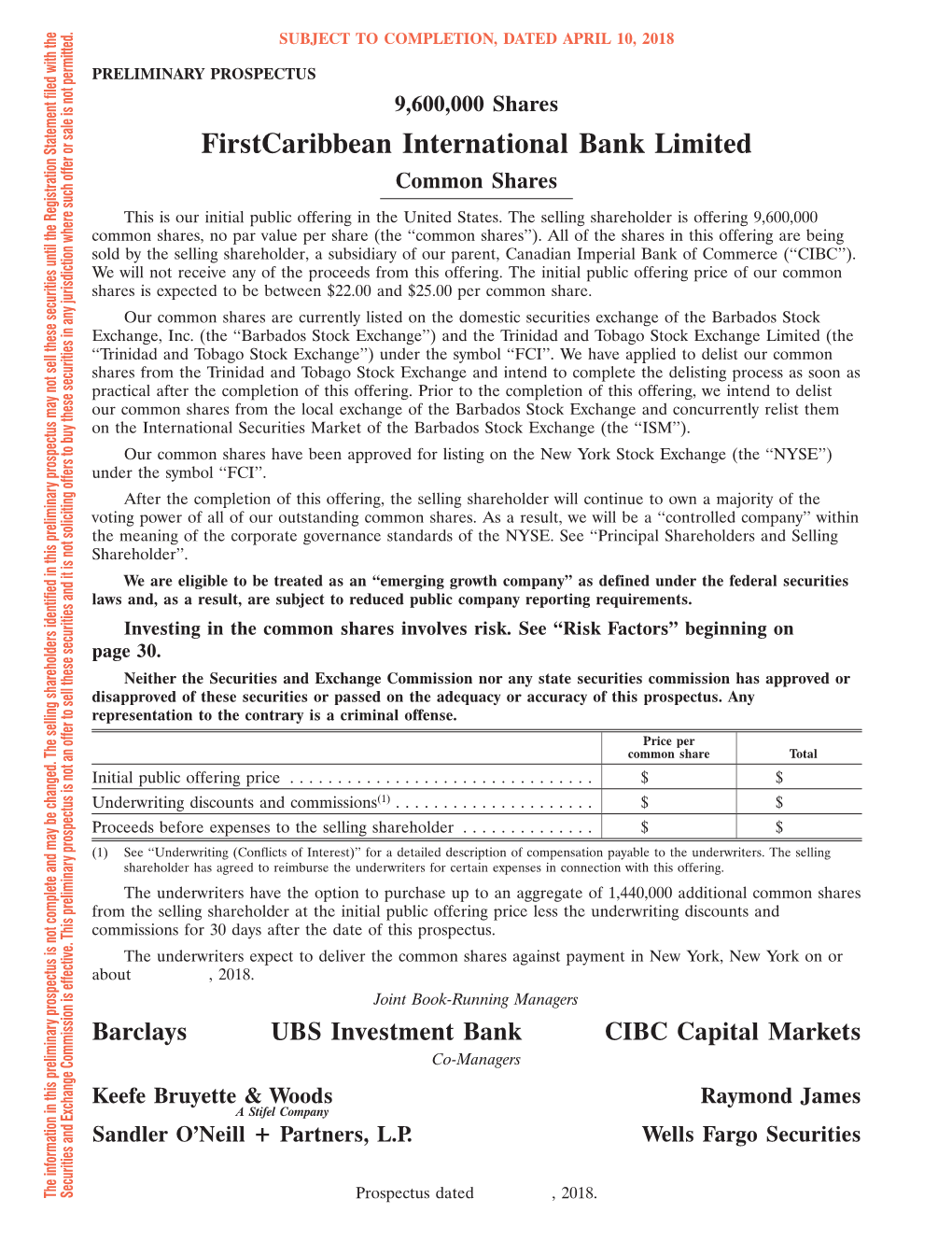 Firstcaribbean International Bank Limited Common Shares