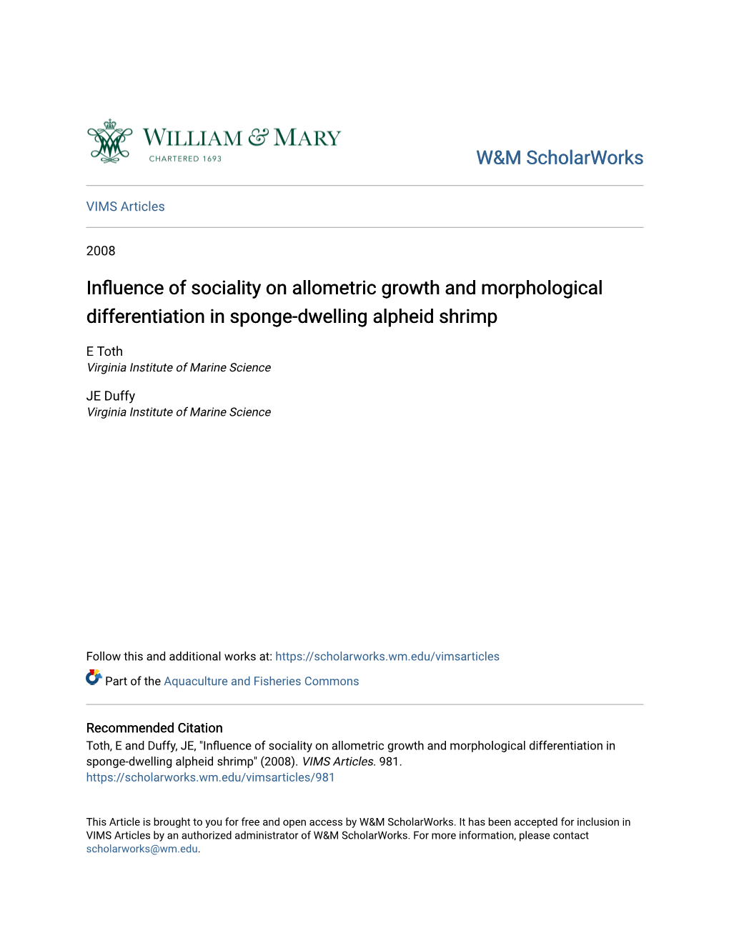Influence of Sociality on Allometric Growth and Morphological Differentiation in Sponge-Dwelling Alpheid Shrimp
