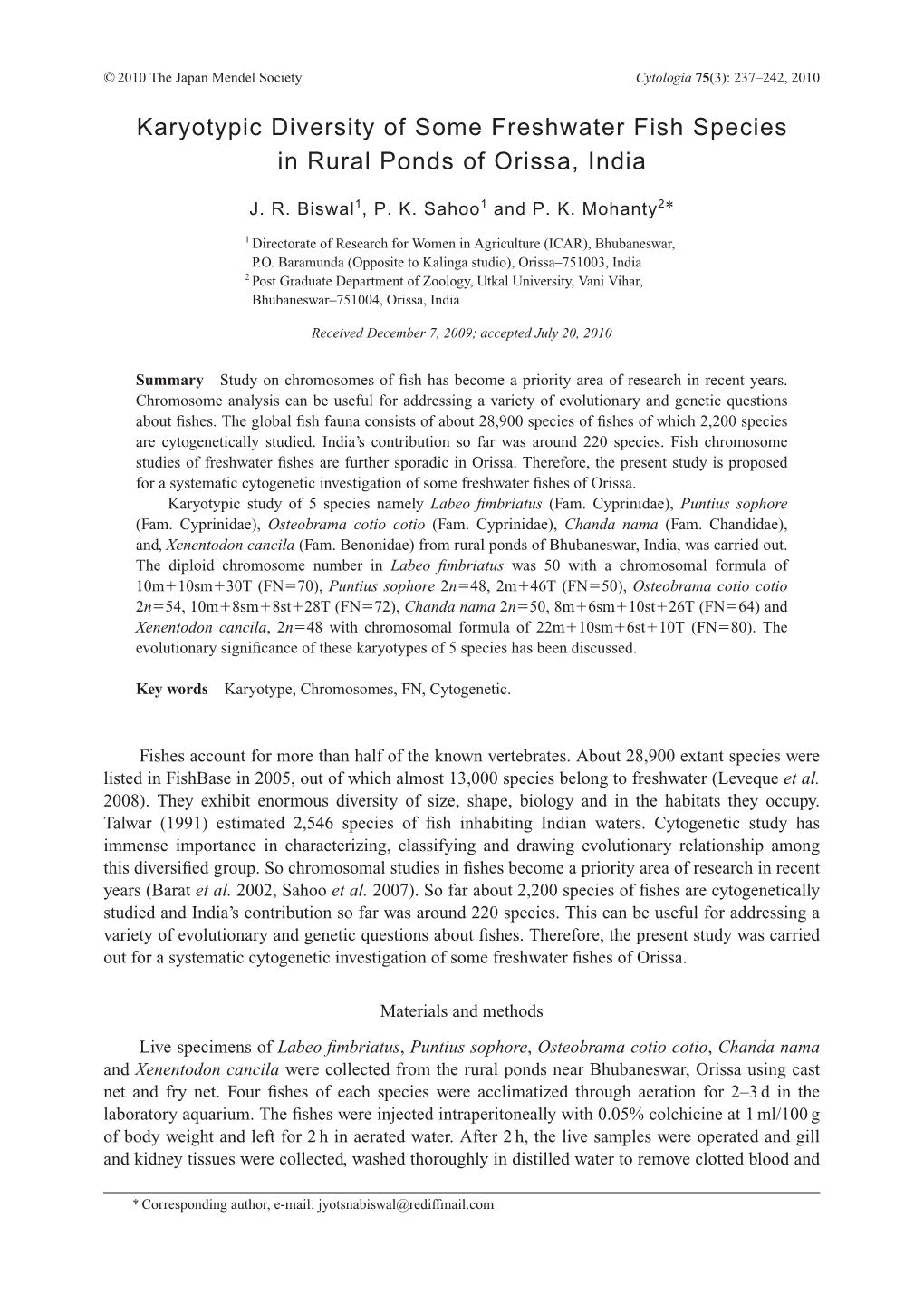 Karyotypic Diversity of Some Freshwater Fish Species in Rural Ponds of Orissa, India