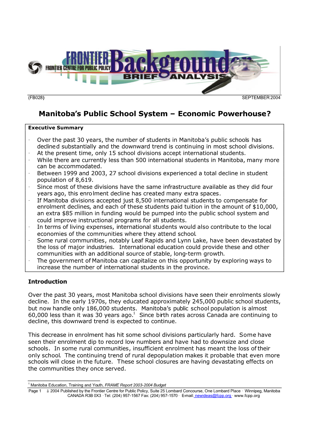 Manitoba's Public School System – Economic Powerhouse?