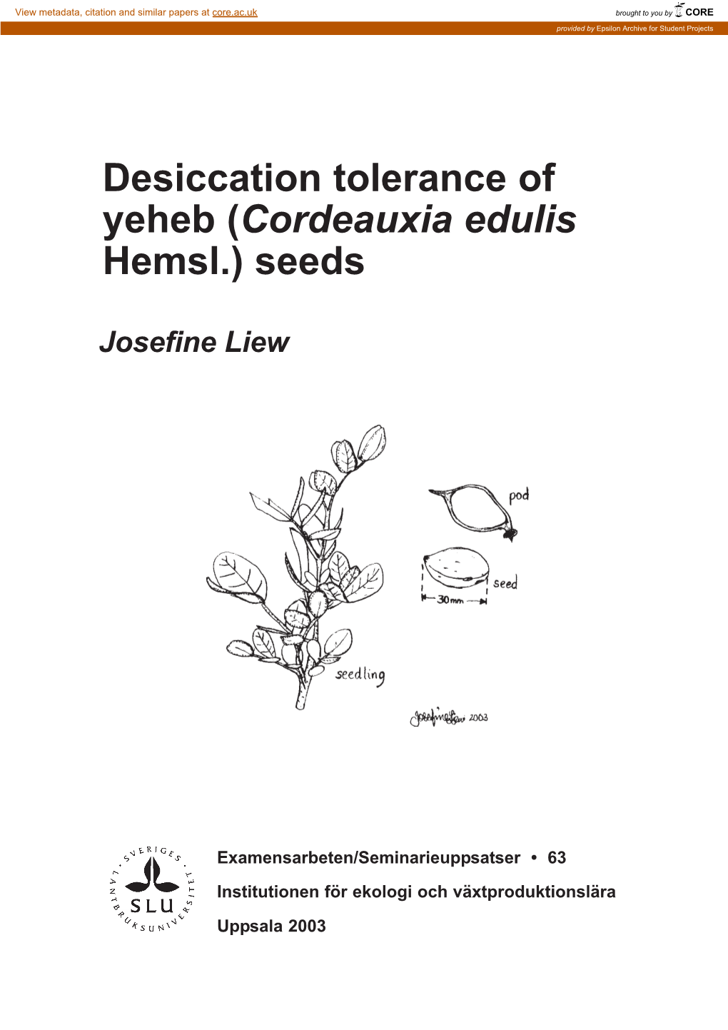 Desiccation Tolerance of Yeheb (Cordeauxia Edulis Hemsl.) Seeds