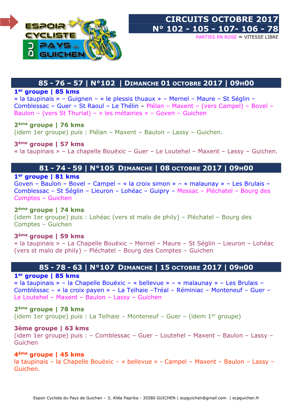 Circuits Octobre 2017 N° 102 - 105 - 107- 106 - 78 Parties En Rose = Vitesse Libre