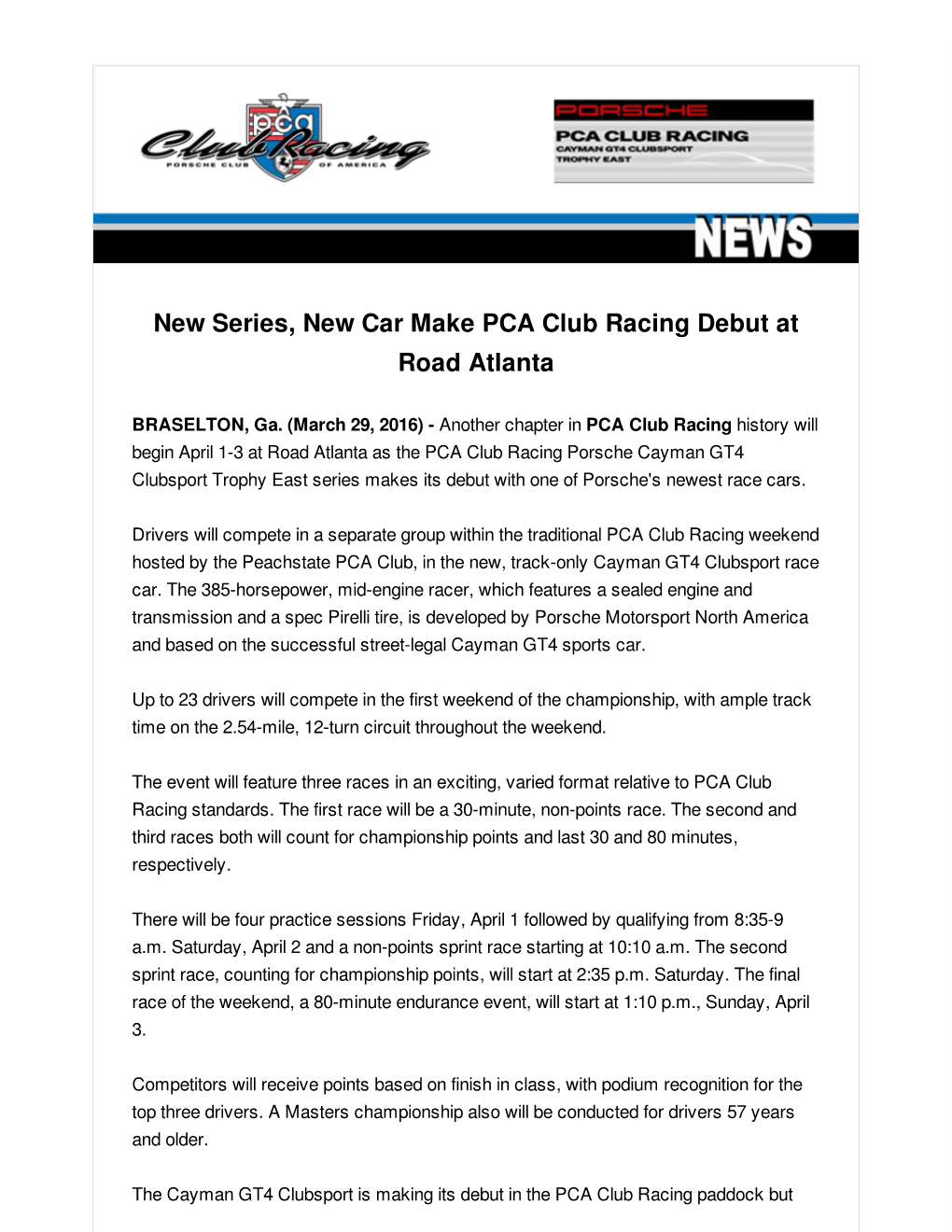 New Series, New Car Make PCA Club Racing Debut at Road Atlanta