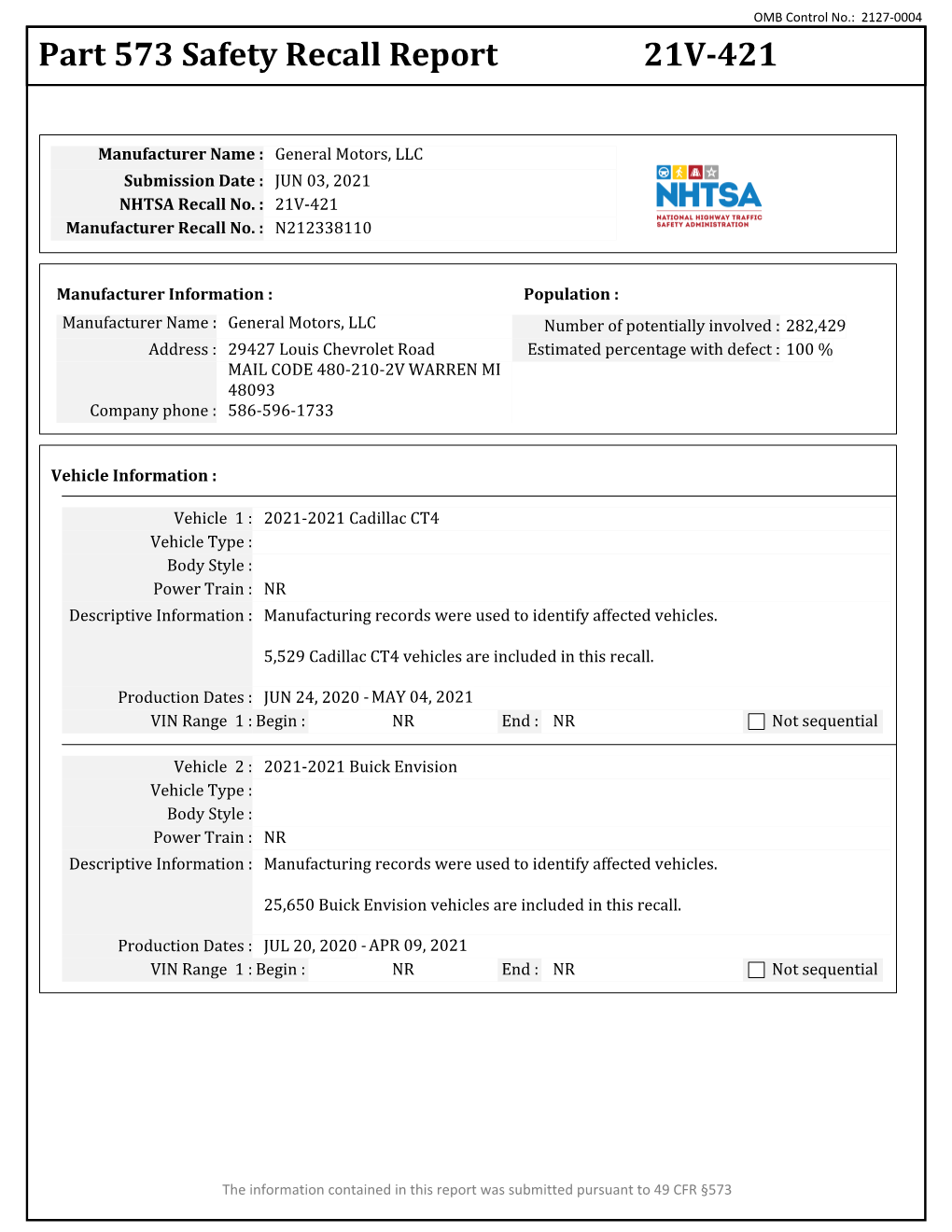 Part 573 Safety Recall Report 21V-421