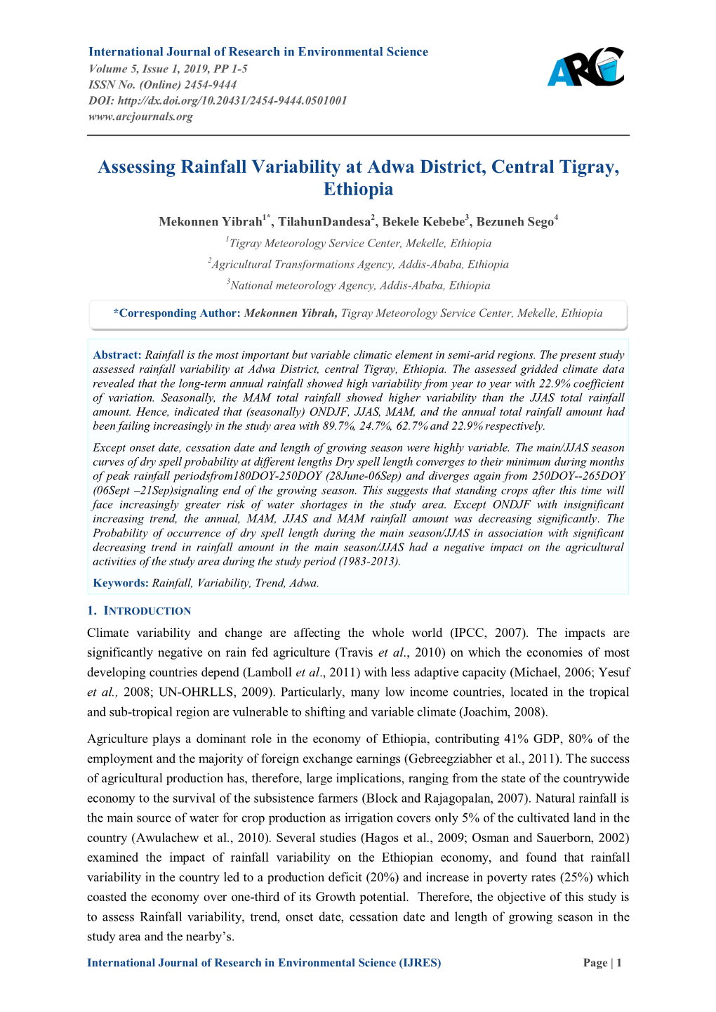 Assessing Rainfall Variability at Adwa District, Central Tigray, Ethiopia