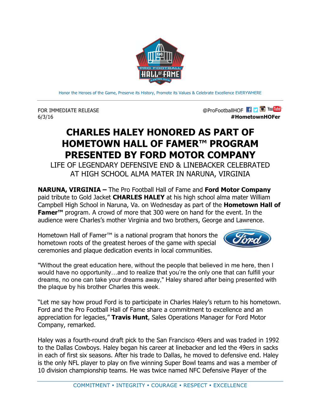 Charles Haley Honored As Part of Hometown Hall of Famer™ Program Presented by Ford Motor Company